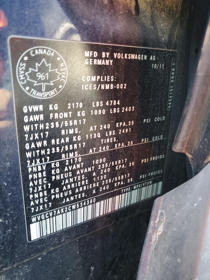 2012 Volkswagen Tiguan S VIN: WVGCV7AX2CW534360 Lot: 87275795