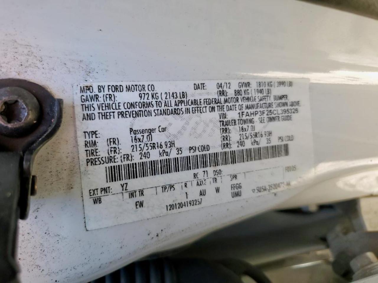 2012 Ford Focus Se VIN: 1FAHP3F25CL395326 Lot: 86253715