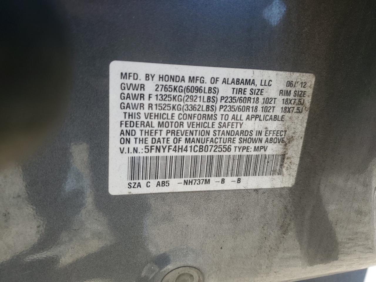 2012 Honda Pilot Ex VIN: 5FNYF4H41CB072556 Lot: 89907445