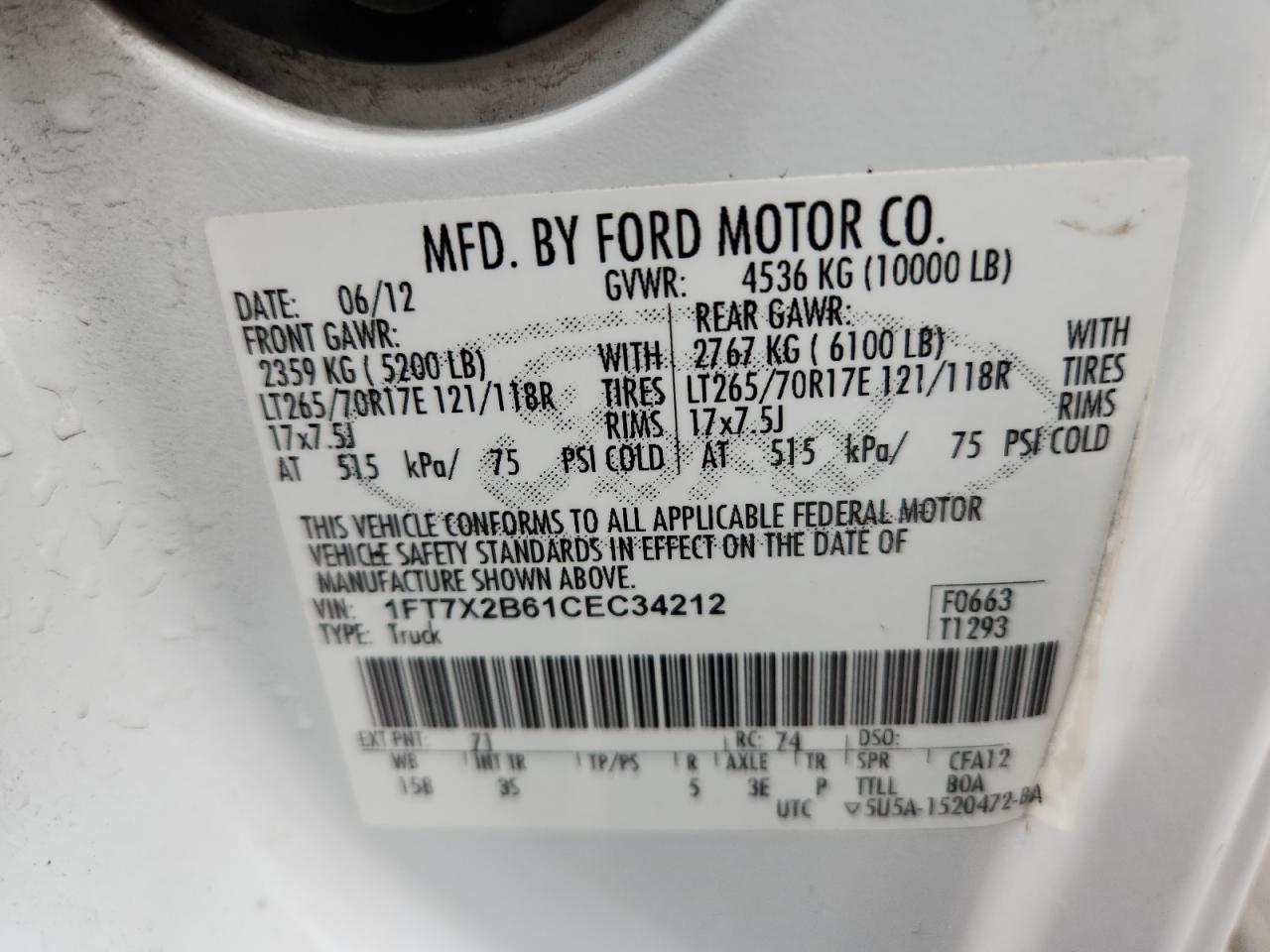 2012 Ford F250 Super Duty VIN: 1FT7X2B61CEC34212 Lot: 86325215