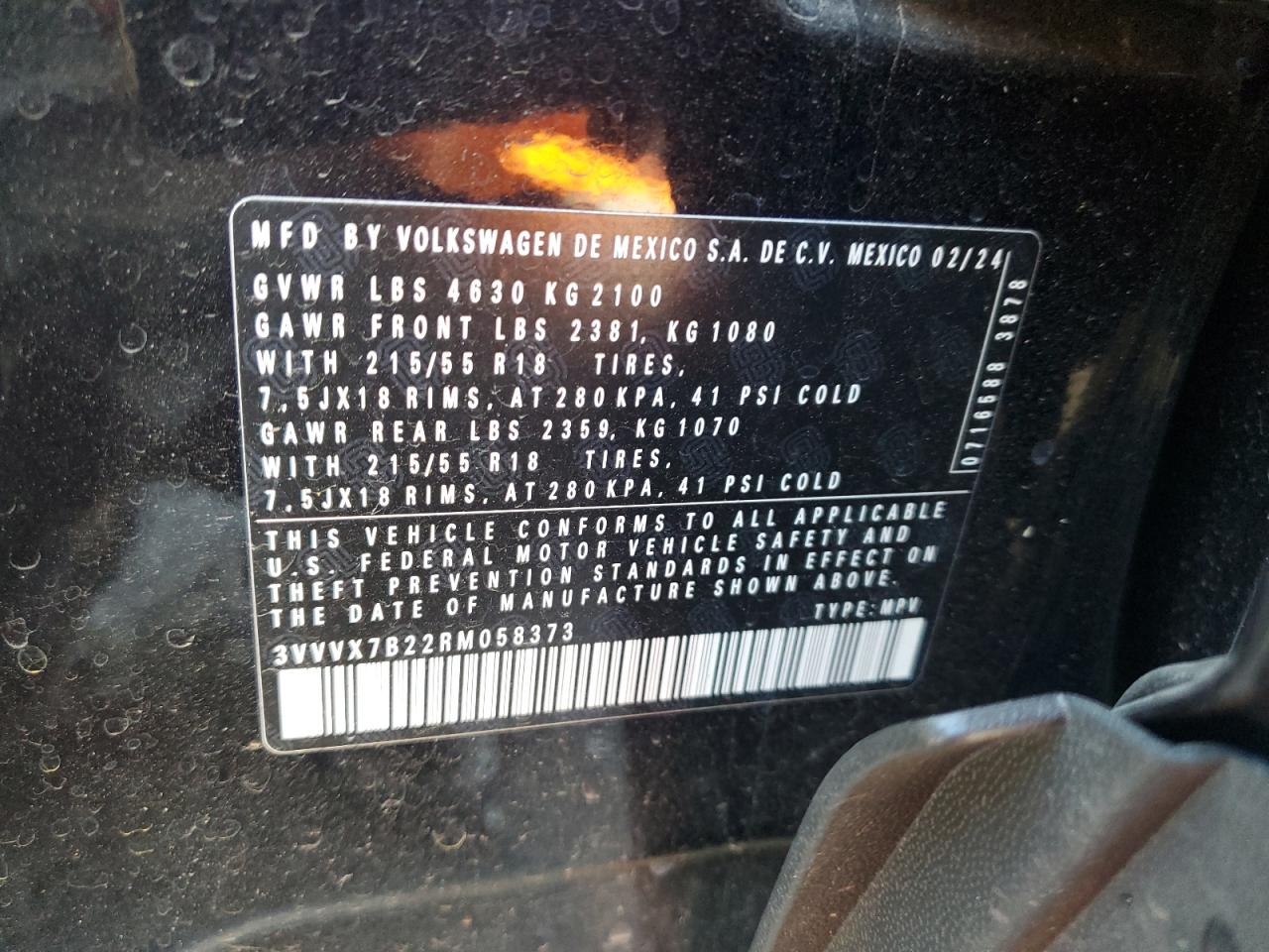 2024 Volkswagen Taos Se VIN: 3VVVX7B22RM058373 Lot: 87039535