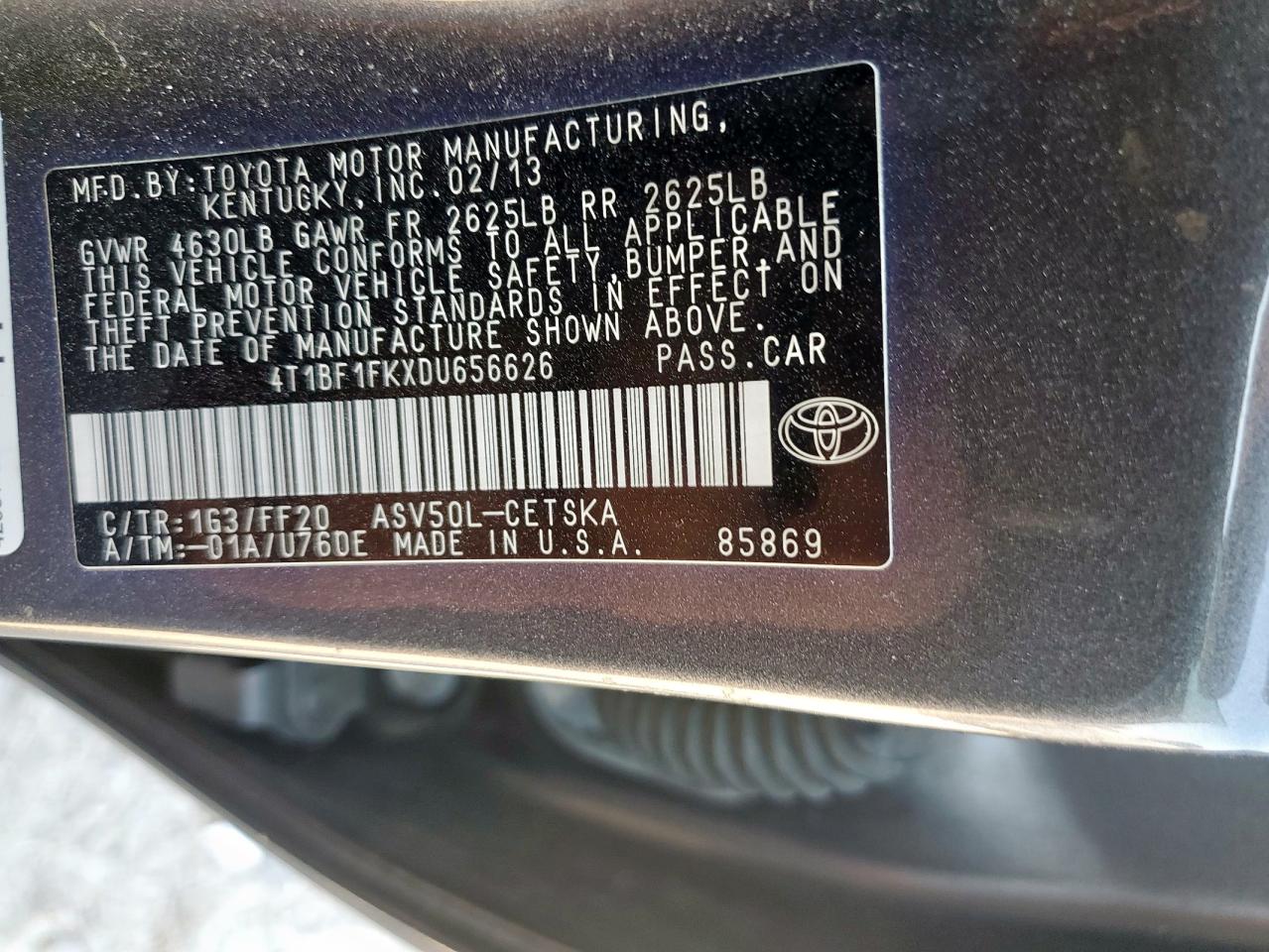 2013 Toyota Camry L VIN: 4T1BF1FKXDU656626 Lot: 85330375