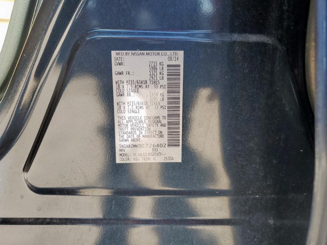 2014 Nissan Pathfinder S VIN: 5N1AR2MN3EC726402 Lot: 82215695