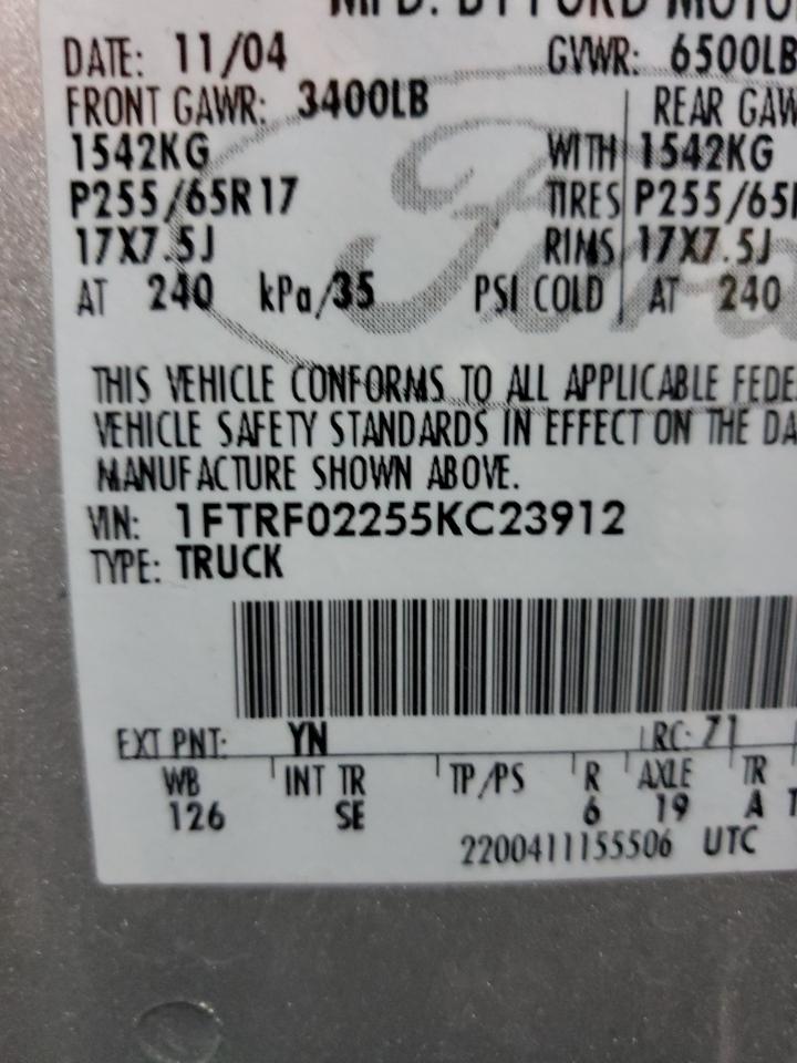 2005 Ford F150 VIN: 1FTRF02255KC23912 Lot: 90409025