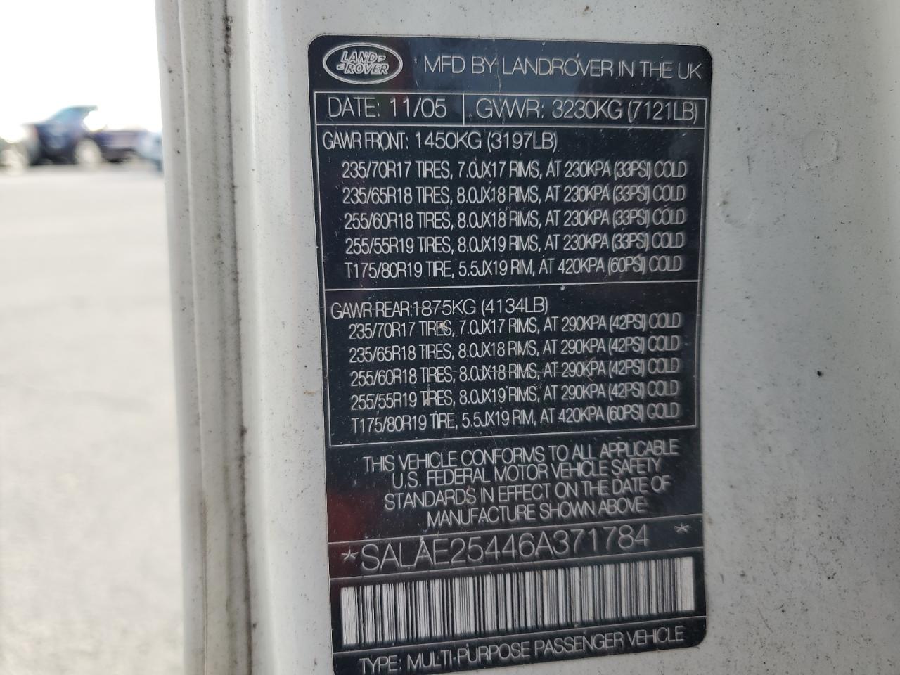 2006 Land Rover Lr3 Se VIN: SALAE25446A371784 Lot: 84062545