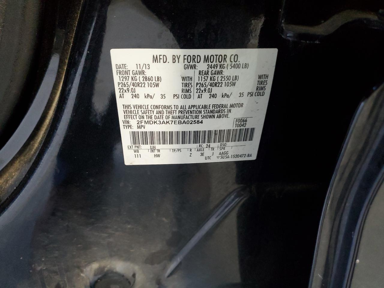 2014 Ford Edge Sport VIN: 2FMDK3AK7EBA02584 Lot: 87036365