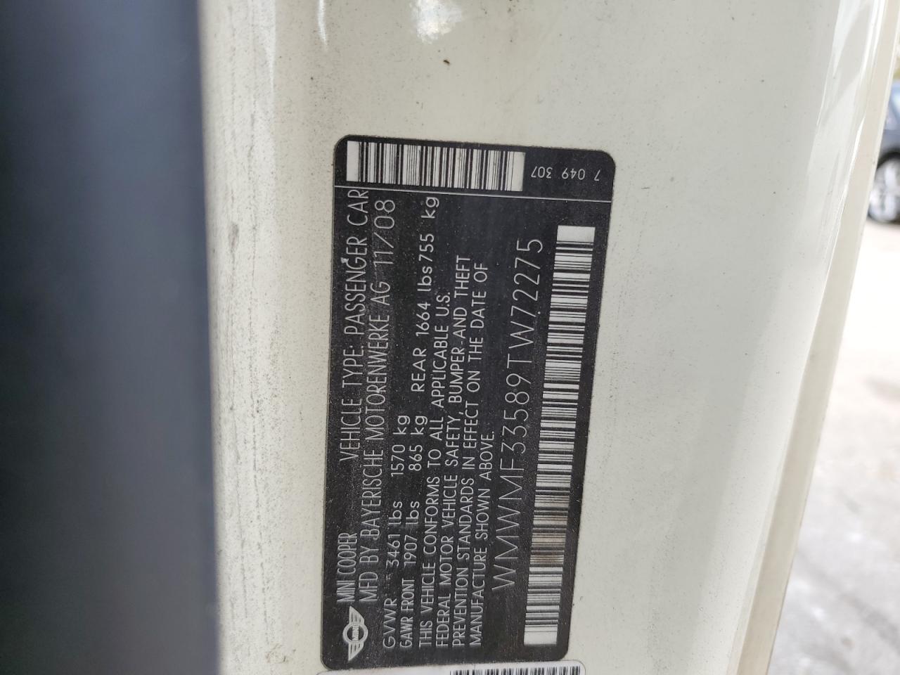 2009 Mini Cooper VIN: WMWMF33589TW72275 Lot: 87046415