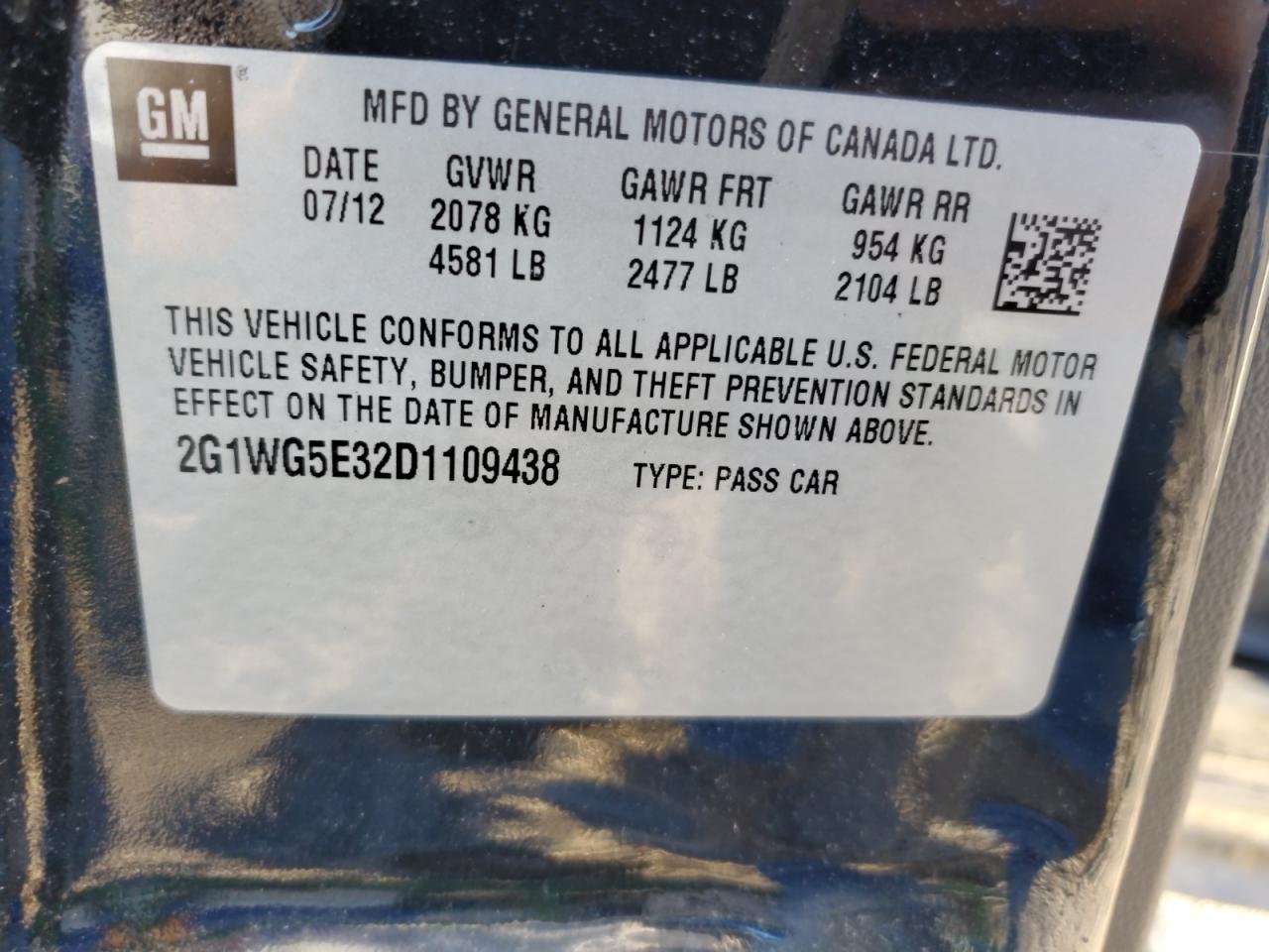 2013 Chevrolet Impala Lt VIN: 2G1WG5E32D1109438 Lot: 85892405