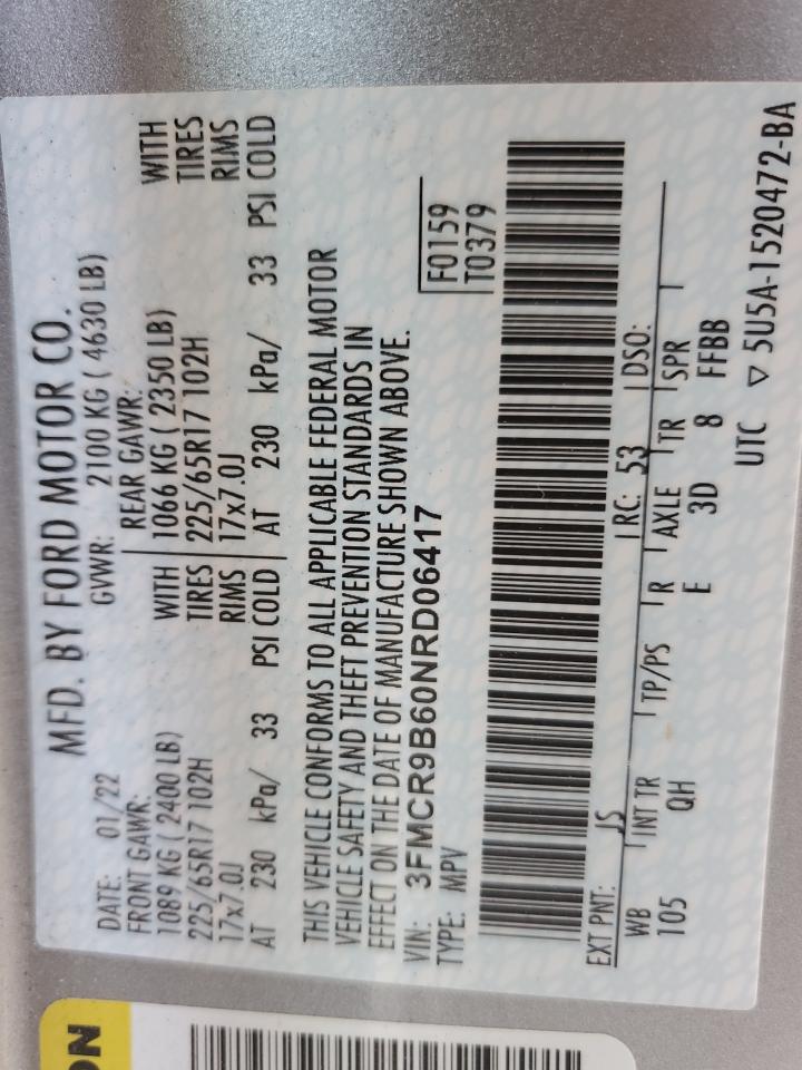 2022 Ford Bronco Sport Big Bend VIN: 3FMCR9B60NRD06417 Lot: 85717395