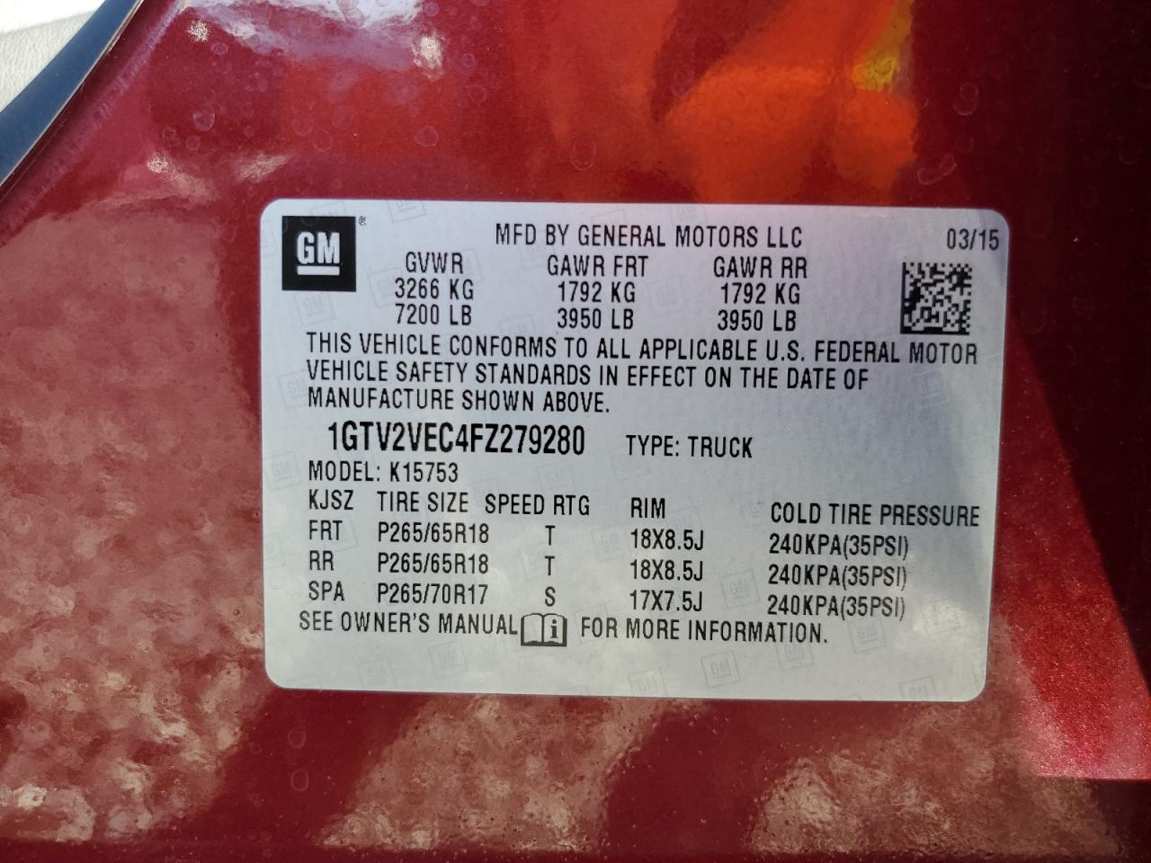 2015 GMC Sierra K1500 Slt VIN: 1GTV2VEC4FZ279280 Lot: 81676665