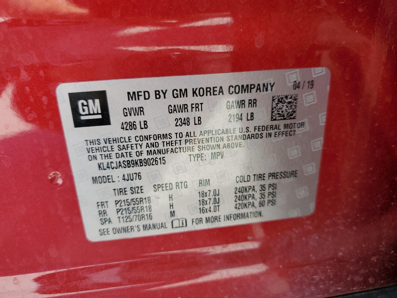 2019 Buick Encore Preferred VIN: KL4CJASB9KB902615 Lot: 82577435