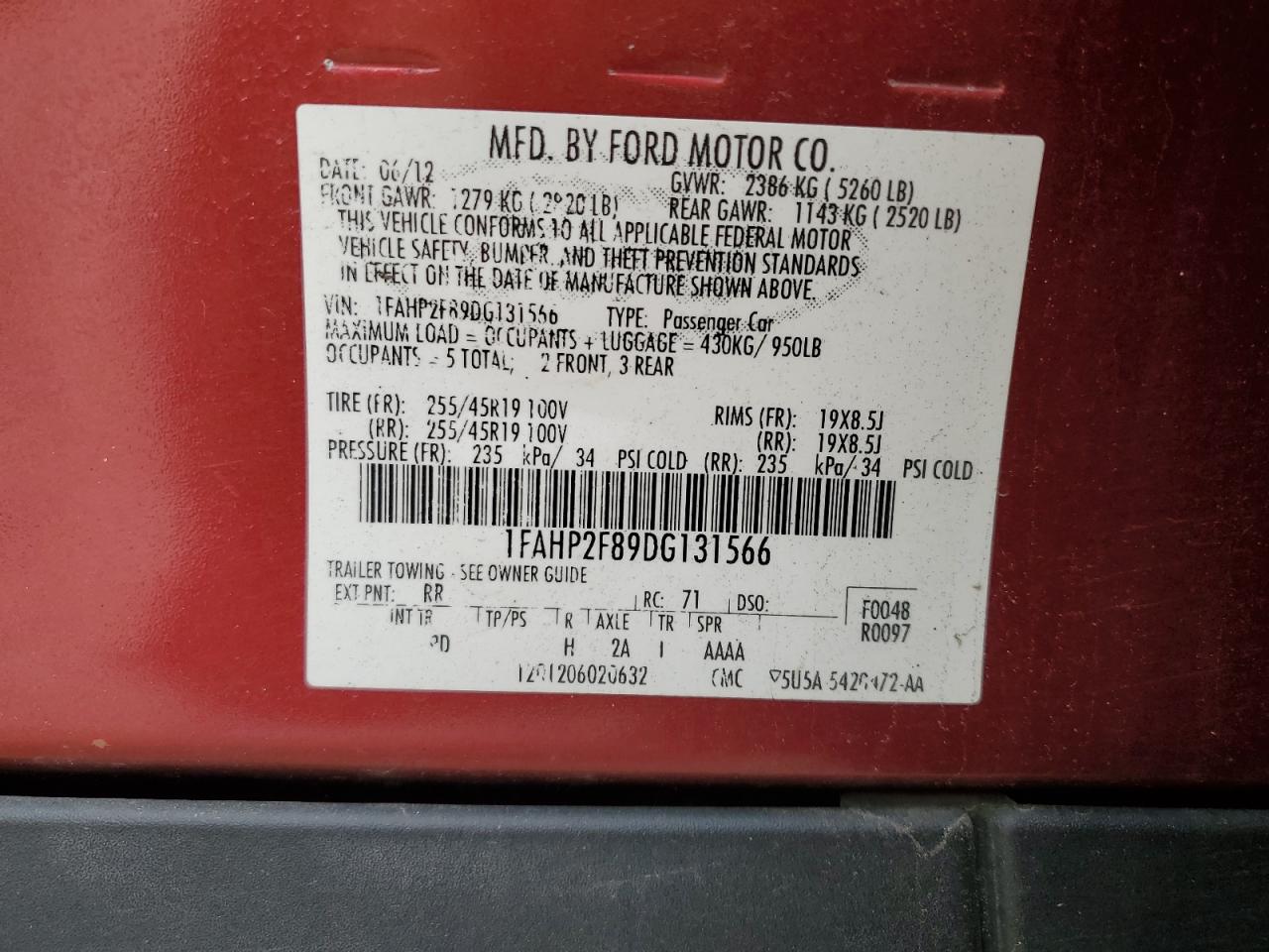 2013 Ford Taurus Limited VIN: 1FAHP2F89DG131566 Lot: 82366995