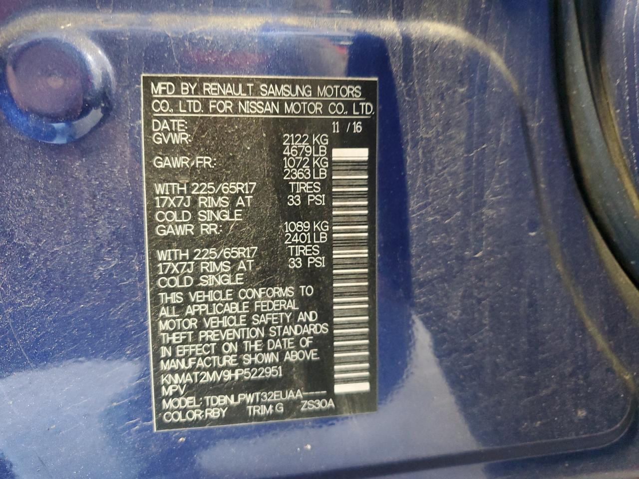 2017 Nissan Rogue S VIN: KNMAT2MV9HP522951 Lot: 85560645