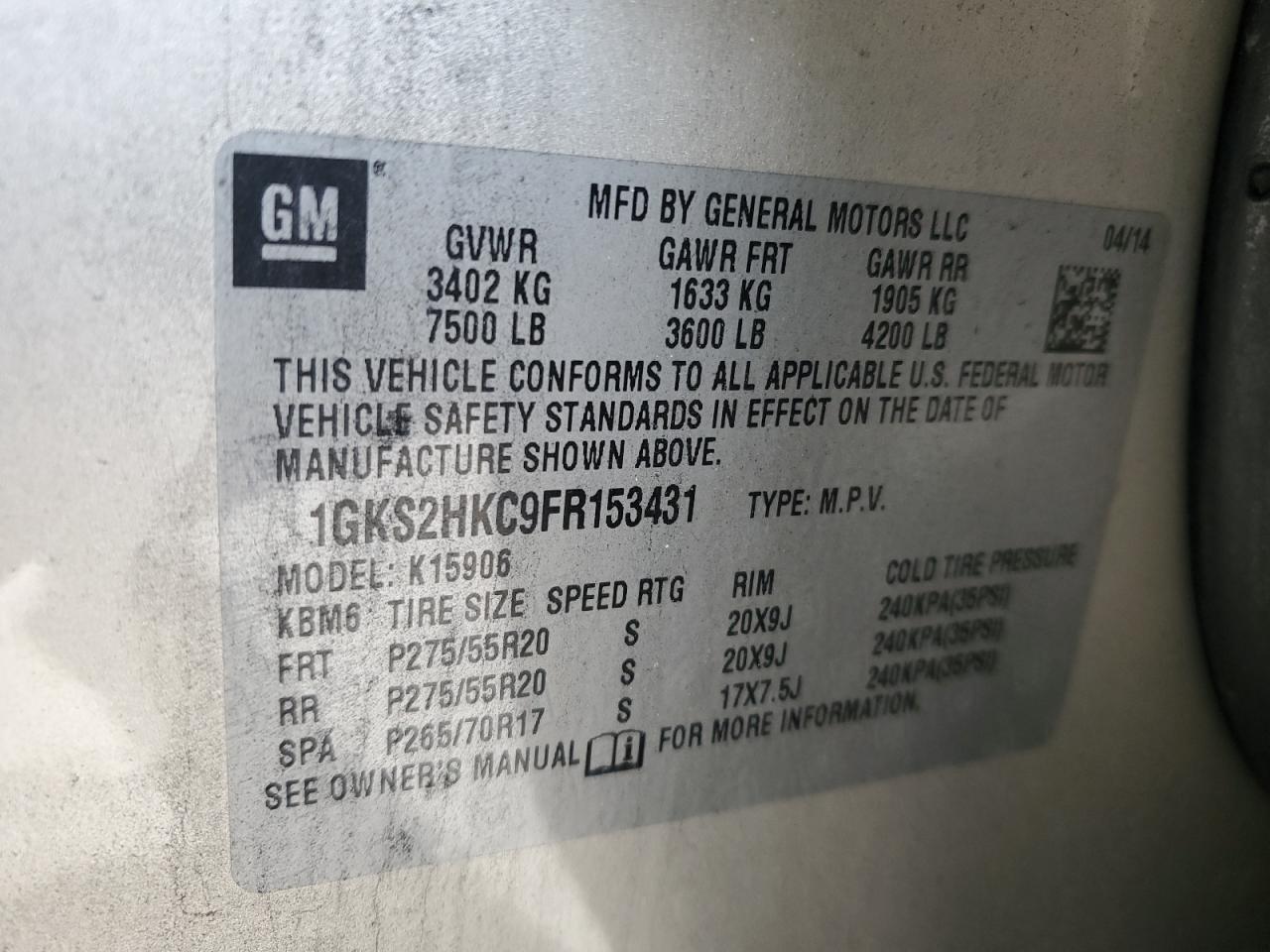 2015 GMC Yukon Xl K1500 Slt VIN: 1GKS2HKC9FR153431 Lot: 90427745