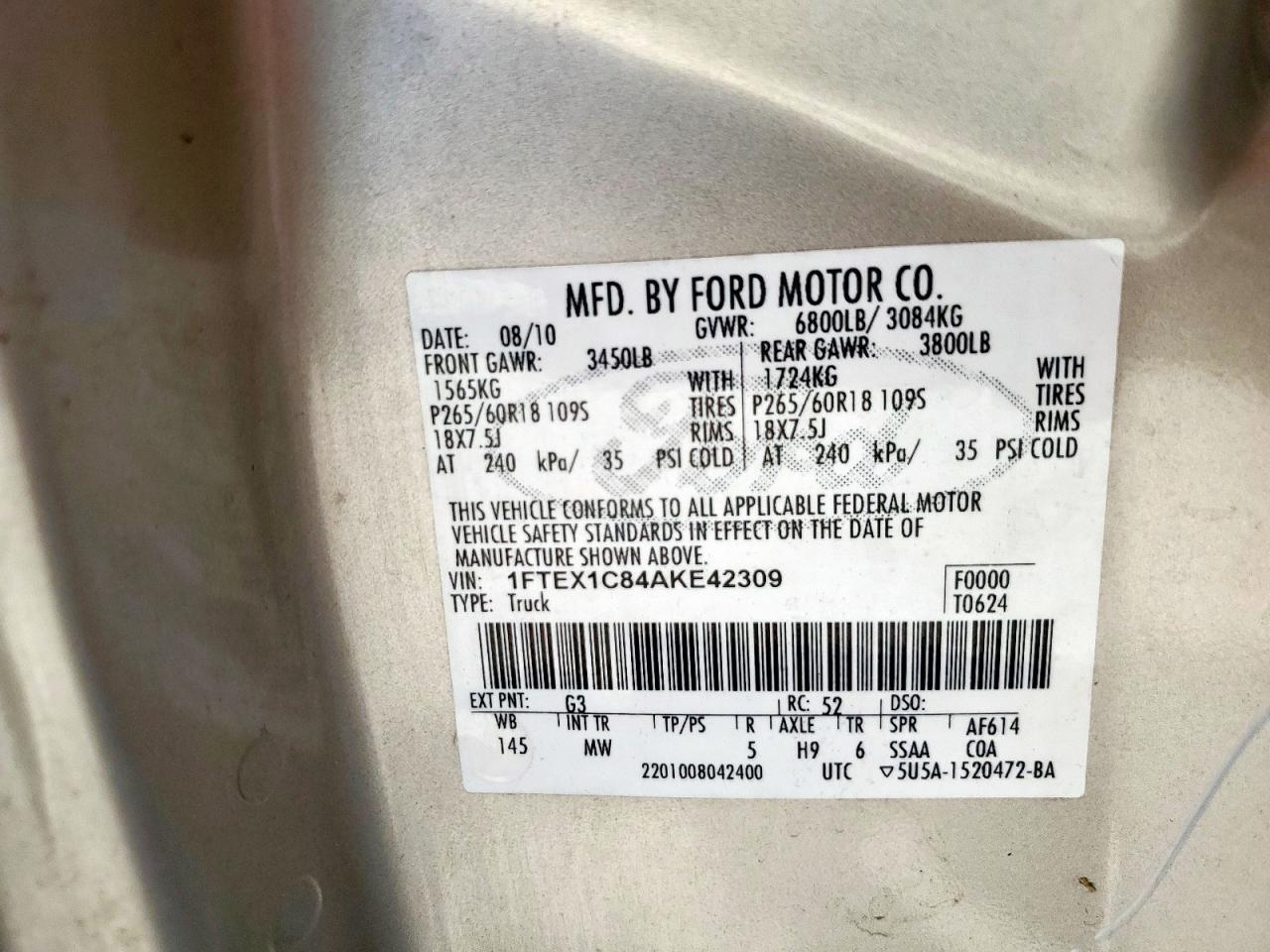 2010 Ford F150 Super Cab VIN: 1FTEX1C84AKE42309 Lot: 85297315