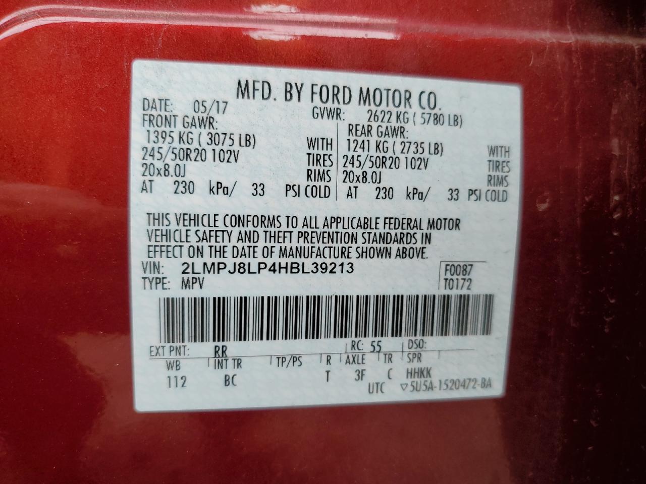 2017 Lincoln Mkx Reserve VIN: 2LMPJ8LP4HBL39213 Lot: 85583815