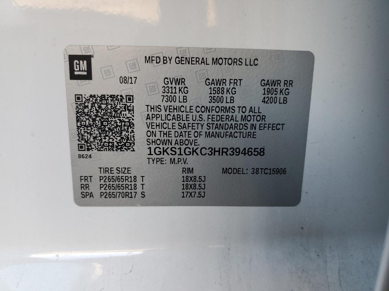 2017 GMC Yukon Xl C1500 Slt VIN: 1GKS1GKC3HR394658 Lot: 87450925