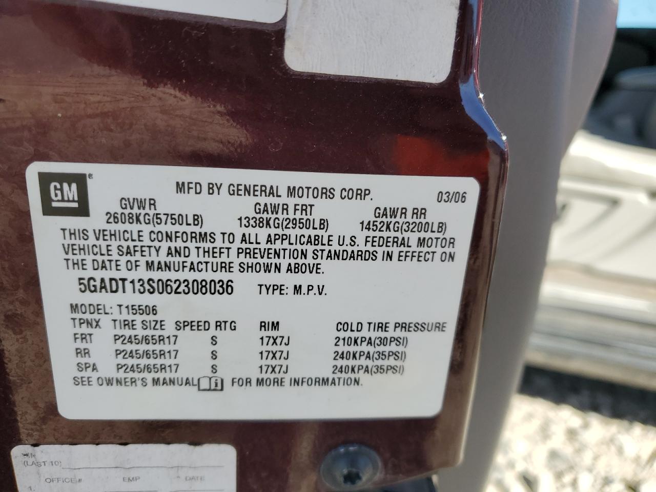 2006 Buick Rainier Cxl VIN: 5GADT13S062308036 Lot: 81959705