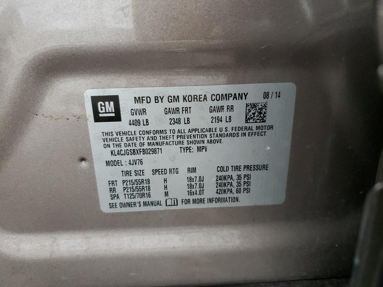 2015 Buick Encore VIN: KL4CJGSBXFB029871 Lot: 87364735