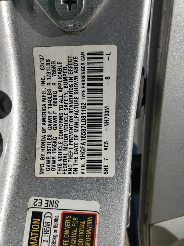 2007 Honda Civic Lx VIN: 1HGFA16587L081162 Lot: 89560585