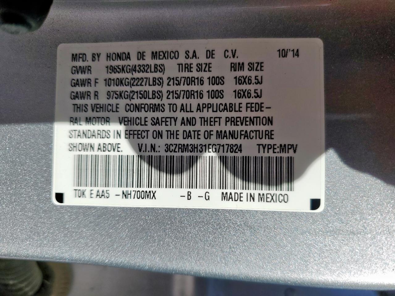 2014 Honda Cr-V Lx VIN: 3CZRM3H31EG717824 Lot: 85282975