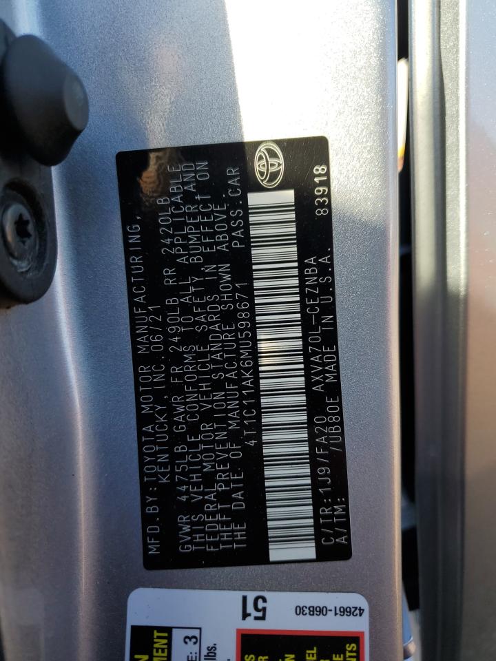 2021 Toyota Camry Le VIN: 4T1C11AK6MU598671 Lot: 82469535