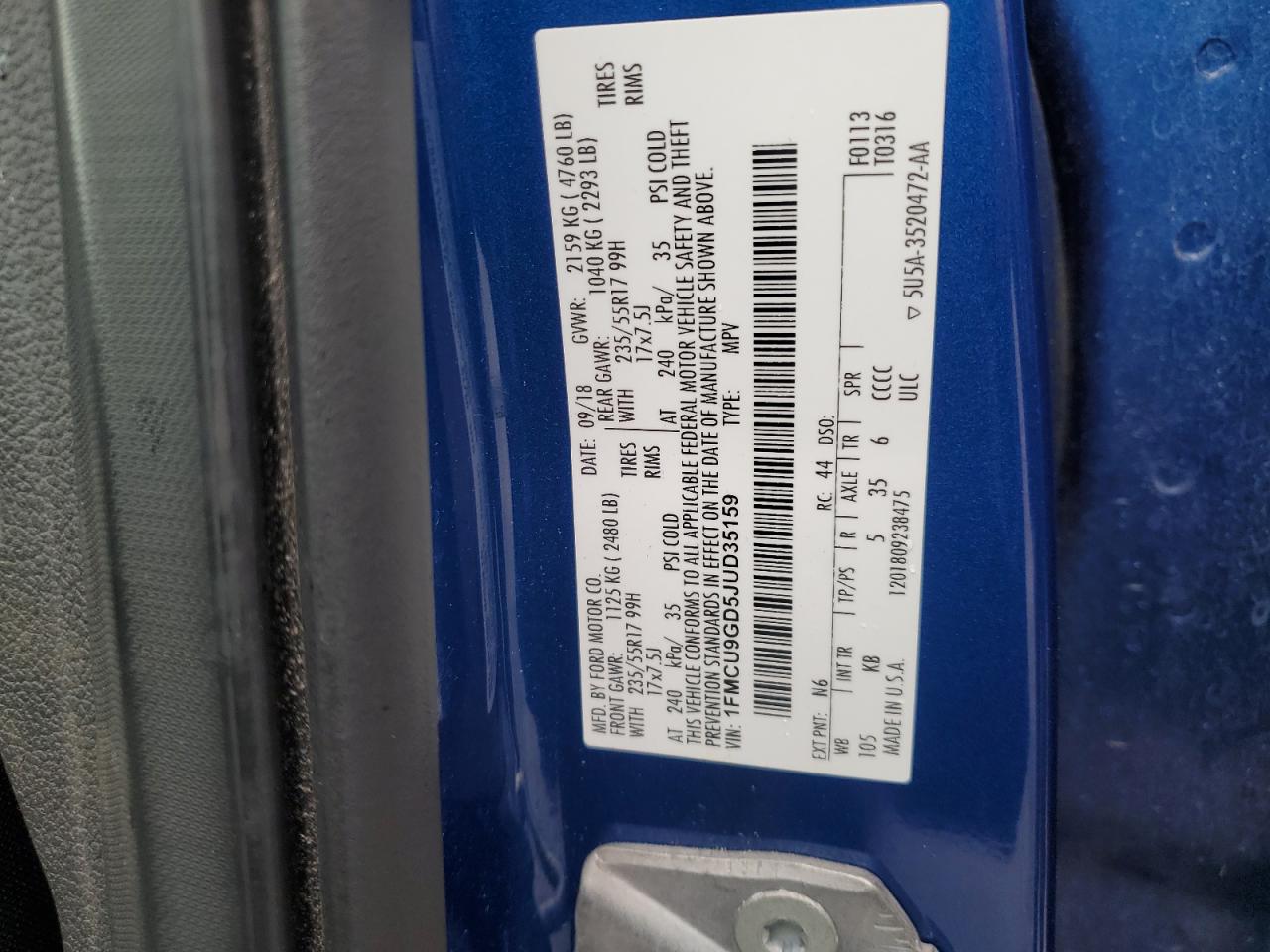 2018 Ford Escape Se VIN: 1FMCU9GD5JUD35159 Lot: 90270885