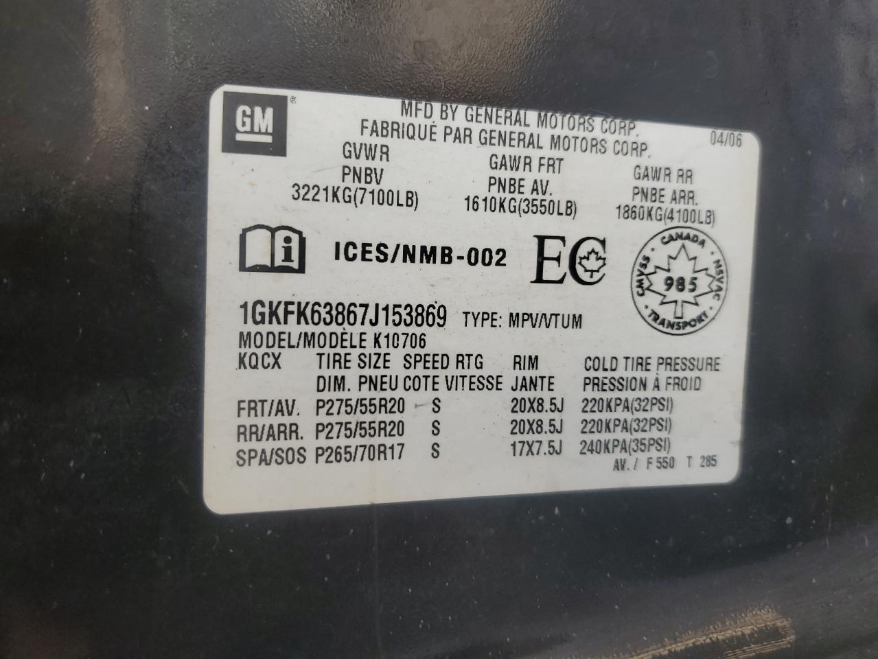 2007 GMC Yukon Denali VIN: 1GKFK63867J153869 Lot: 82257525