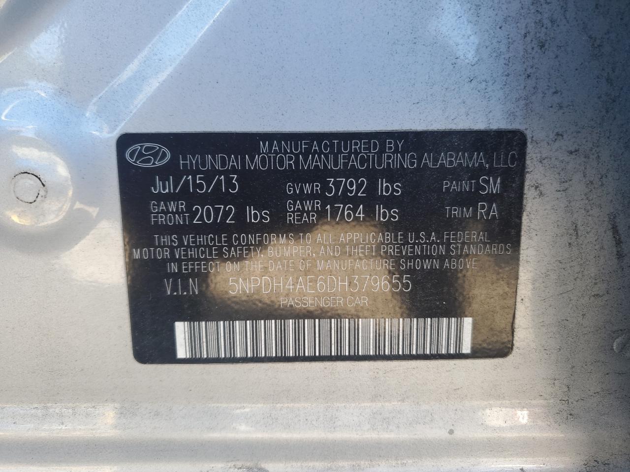 2013 Hyundai Elantra Gls VIN: 5NPDH4AE6DH379655 Lot: 87094795