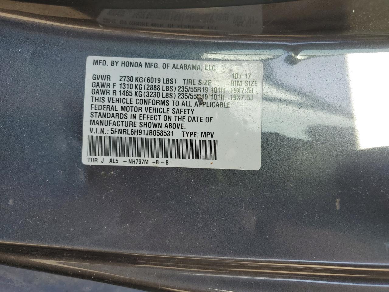 2018 Honda Odyssey Elite VIN: 5FNRL6H91JB058531 Lot: 84363245