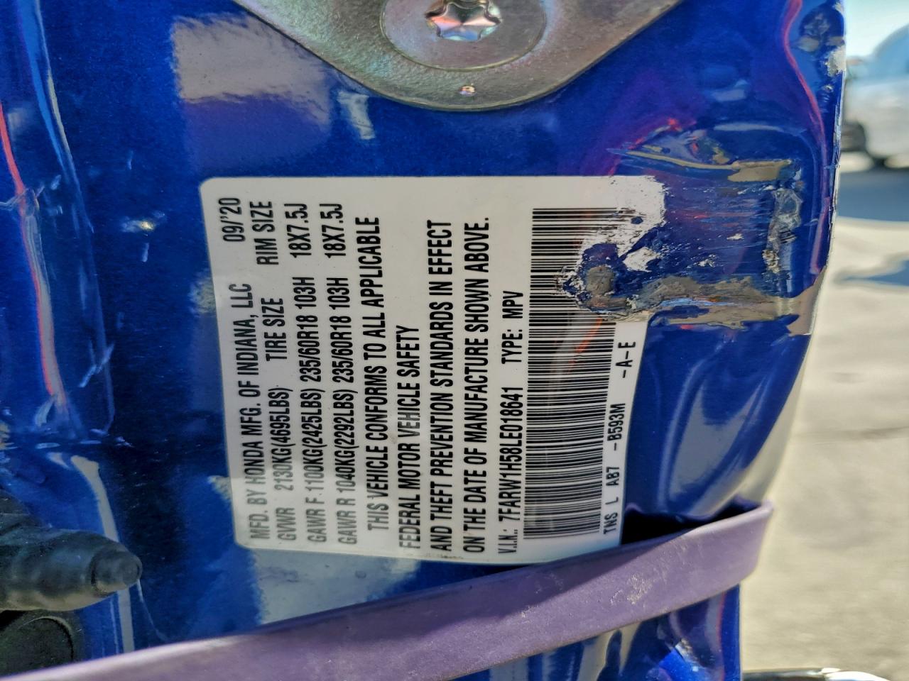 2020 Honda Cr-V Ex VIN: 7FARW1H58LE018641 Lot: 91084015