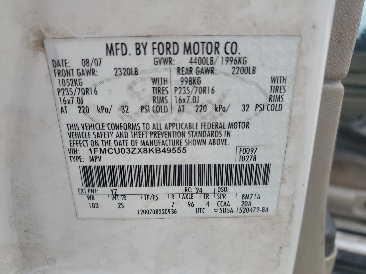 2008 Ford Escape Xlt VIN: 1FMCU03ZX8KB49555 Lot: 81985145