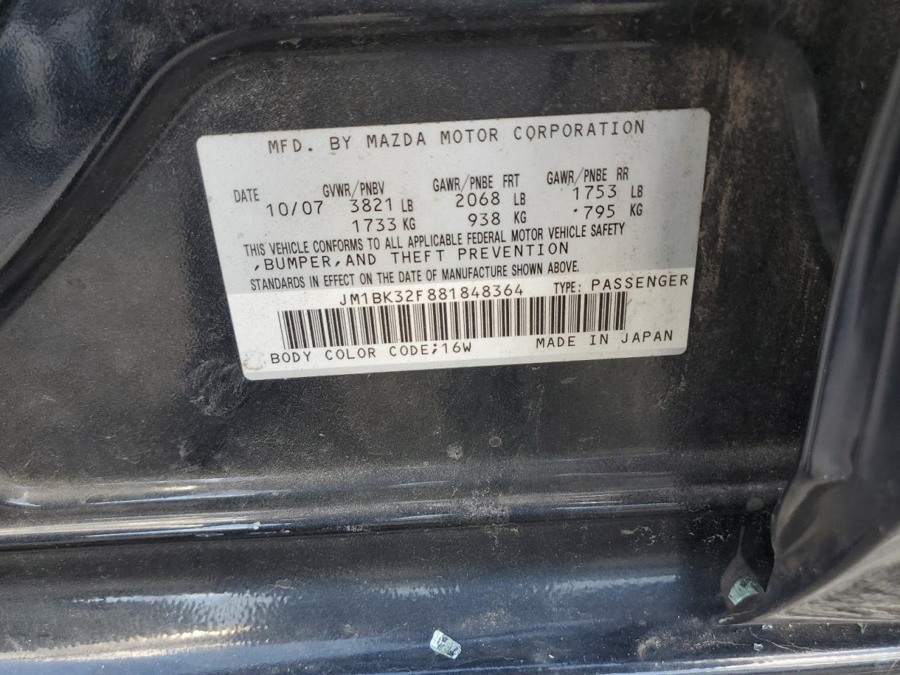 2008 Mazda 3 I VIN: JM1BK32F881848364 Lot: 84919235