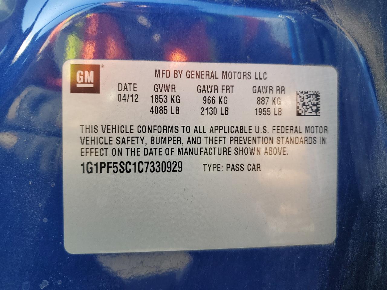 2012 Chevrolet Cruze Lt VIN: 1G1PF5SC1C7330929 Lot: 90670455