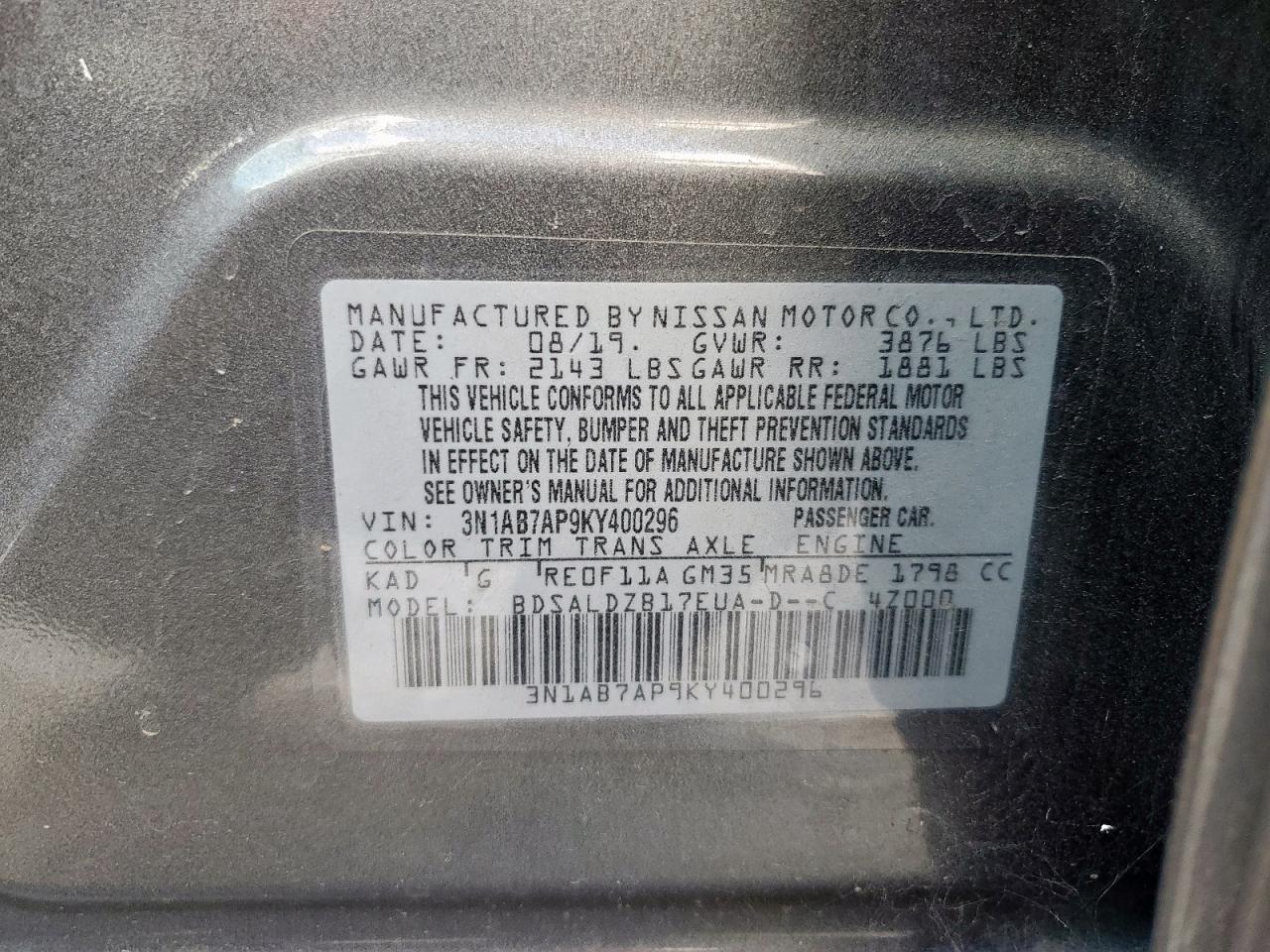 2019 Nissan Sentra S VIN: 3N1AB7AP9KY400296 Lot: 85156345