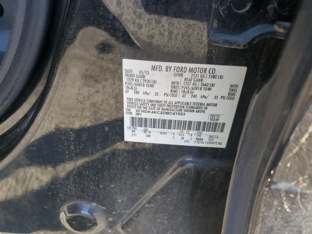 2013 Ford Edge Limited VIN: 2FMDK4KC2DBC41553 Lot: 82246025