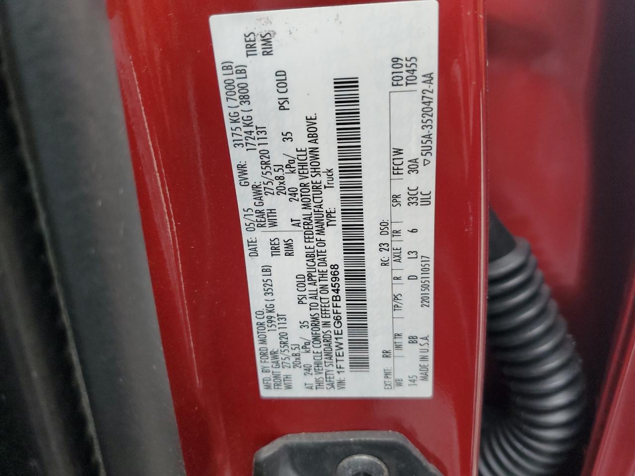 2015 Ford F150 Supercrew VIN: 1FTEW1EG6FFB45968 Lot: 85488765