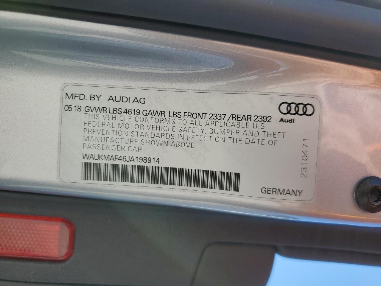 2018 Audi A4 Premium VIN: WAUKMAF46JA198914 Lot: 85311695