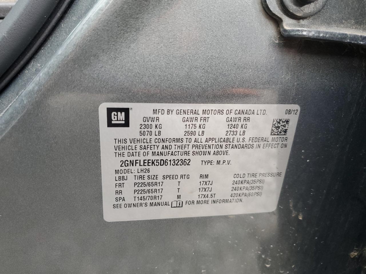 2013 Chevrolet Equinox Lt VIN: 2GNFLEEK5D6132362 Lot: 85734975