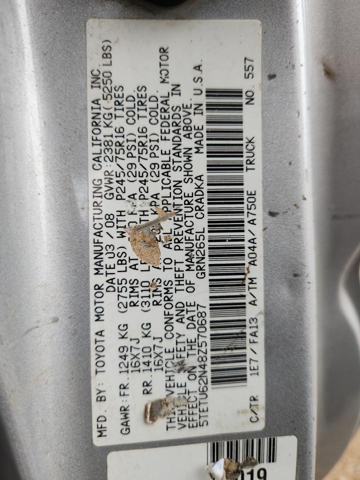 2008 Toyota Tacoma Prerunner Access Cab VIN: 5TETU62N48Z570687 Lot: 85267825