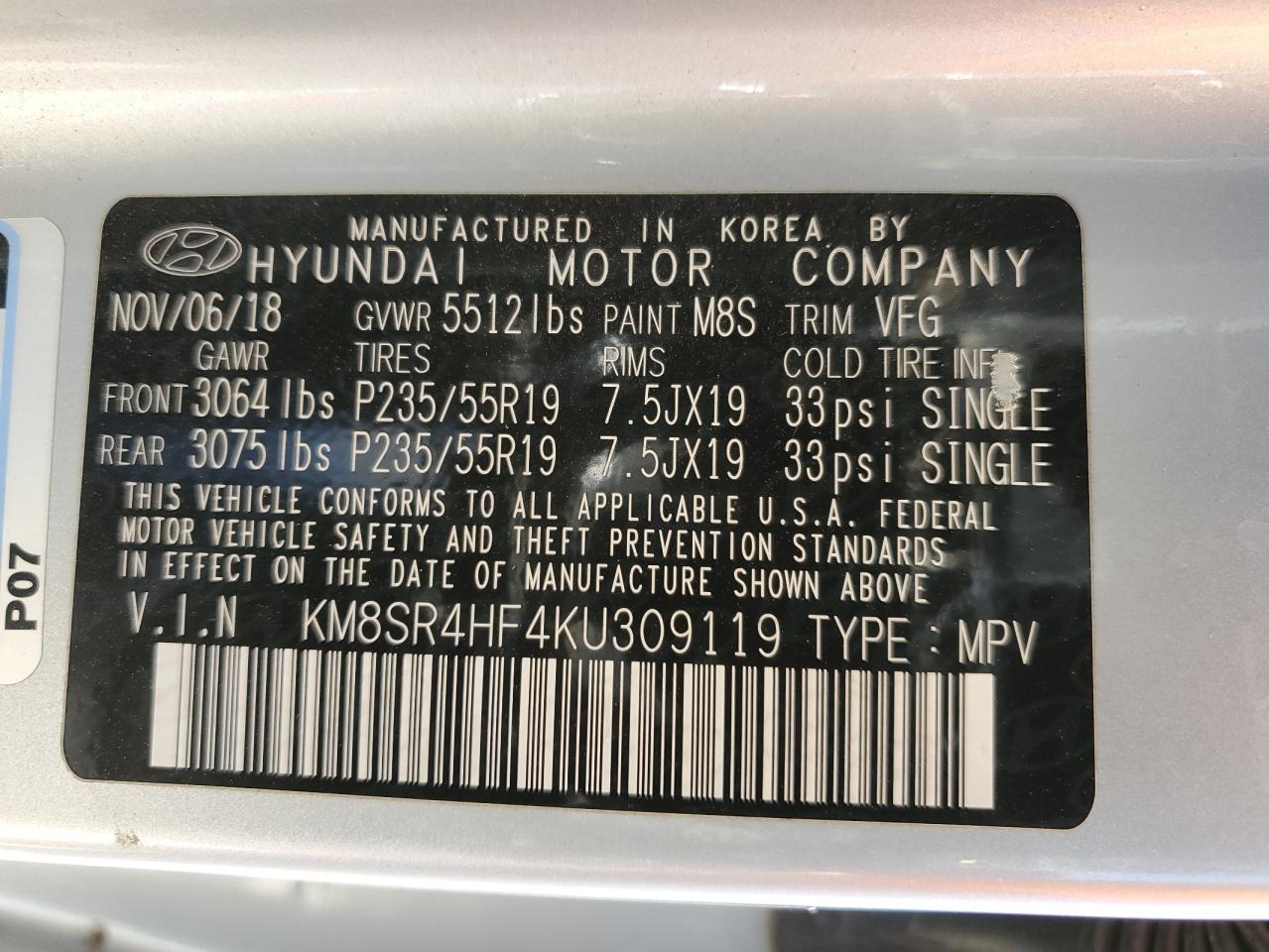 2019 Hyundai Santa Fe Xl Se Ultimate VIN: KM8SR4HF4KU309119 Lot: 86502255