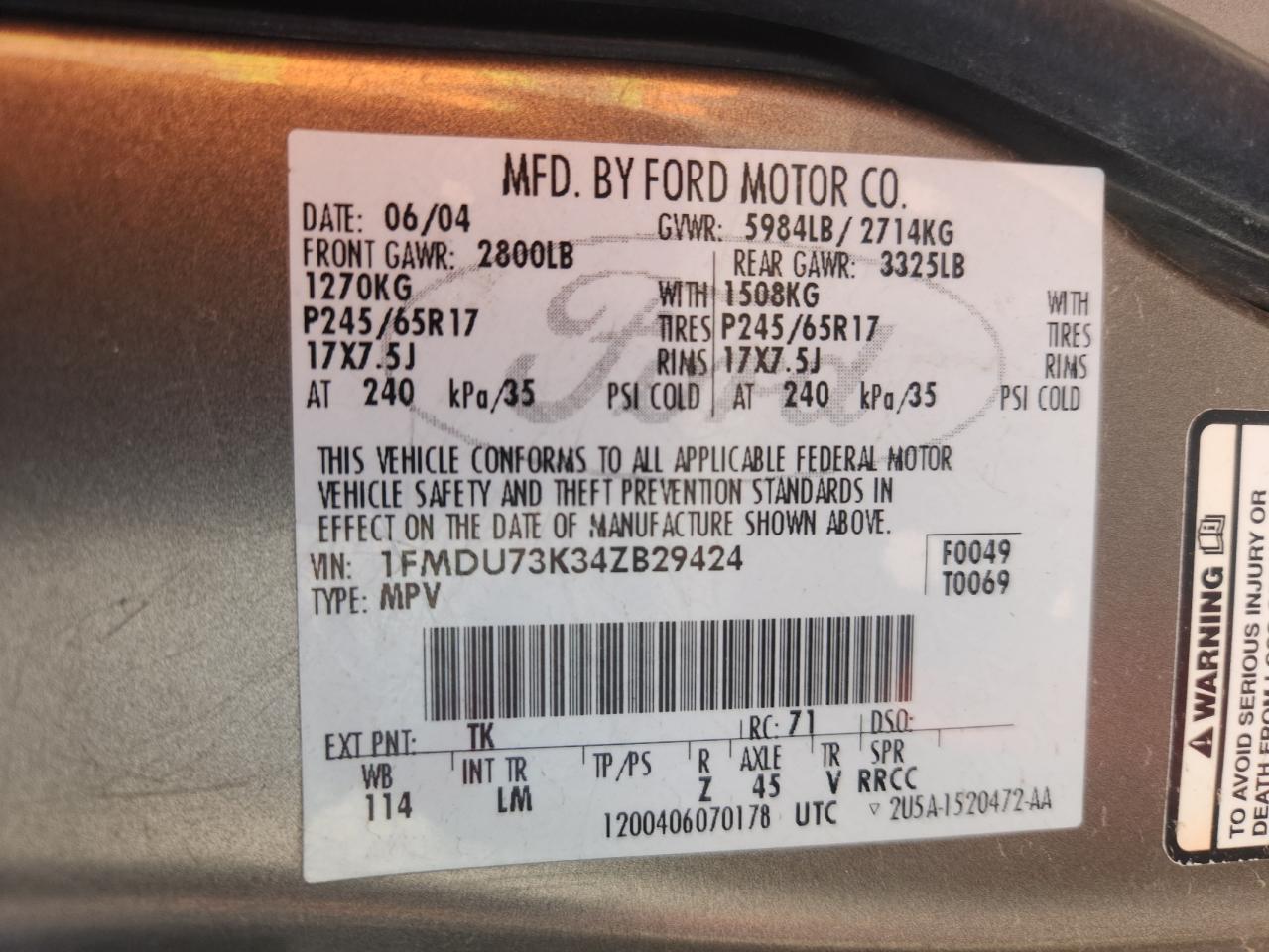 2004 Ford Explorer Xlt VIN: 1FMDU73K34ZB29424 Lot: 85569055