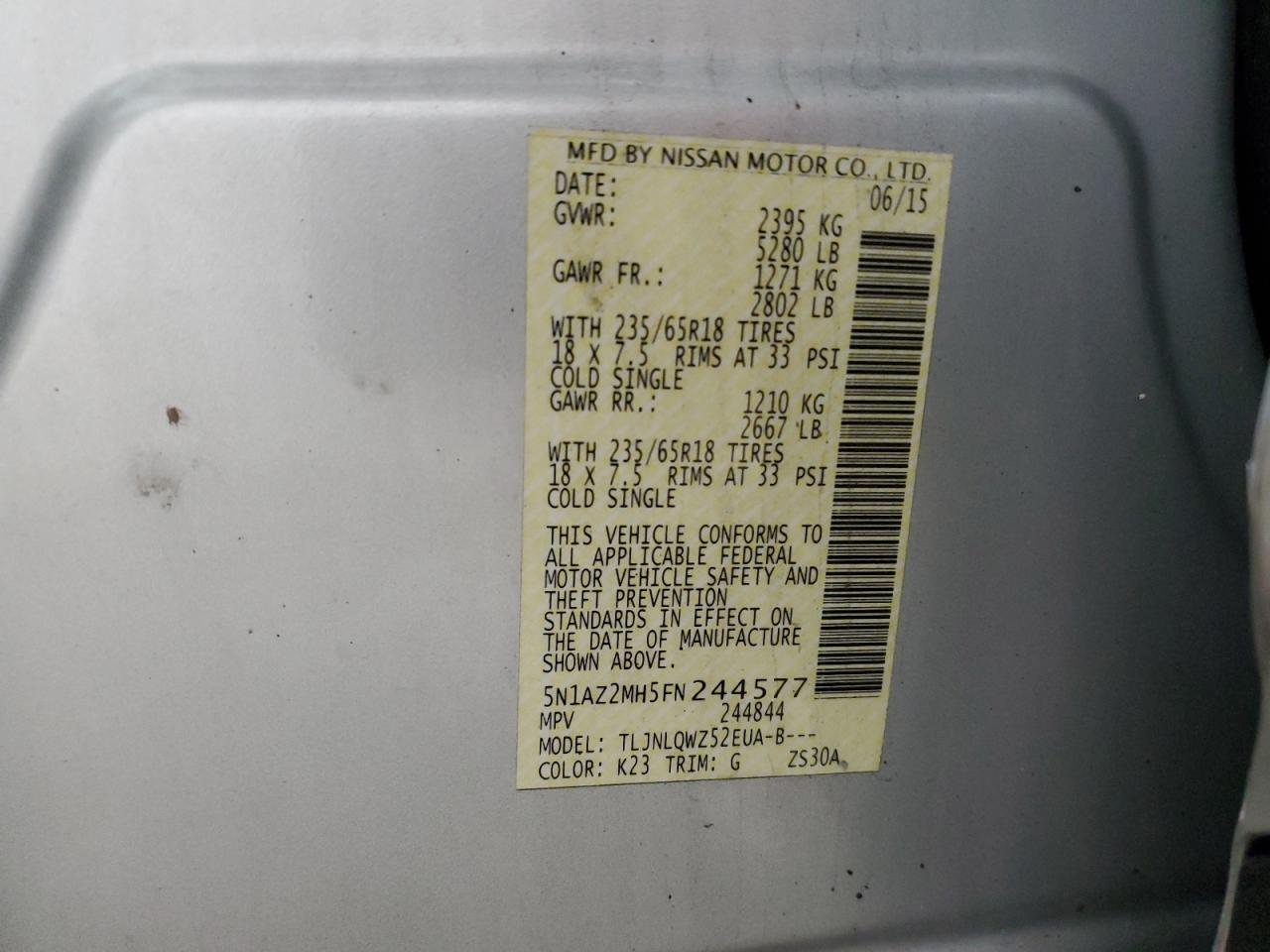 2015 Nissan Murano S VIN: 5N1AZ2MH5FN244577 Lot: 87280855