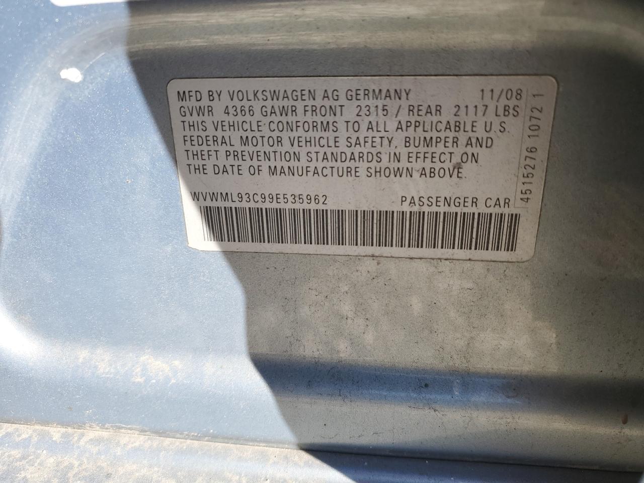 2009 Volkswagen Cc Sport VIN: WVWML93C99E535962 Lot: 81287225