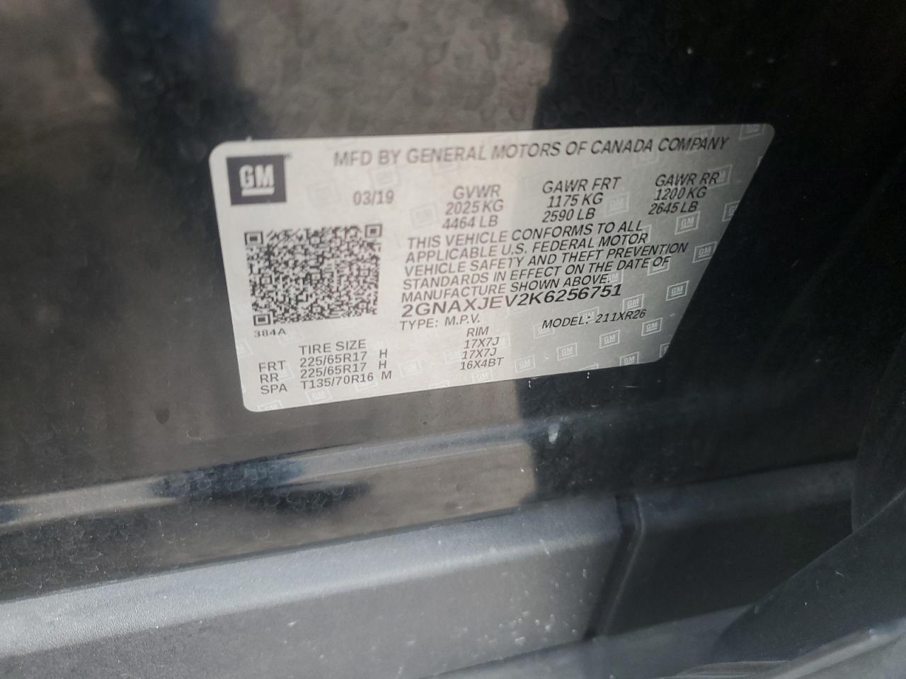 2019 Chevrolet Equinox Lt VIN: 2GNAXJEV2K6256751 Lot: 85355555