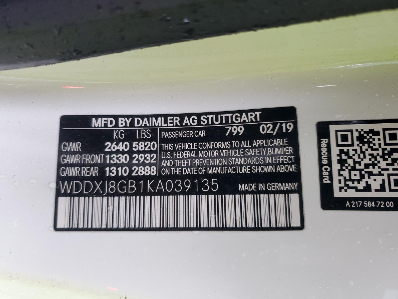 2019 Mercedes-Benz S 560 4Matic VIN: WDDXJ8GB1KA039135 Lot: 89652165