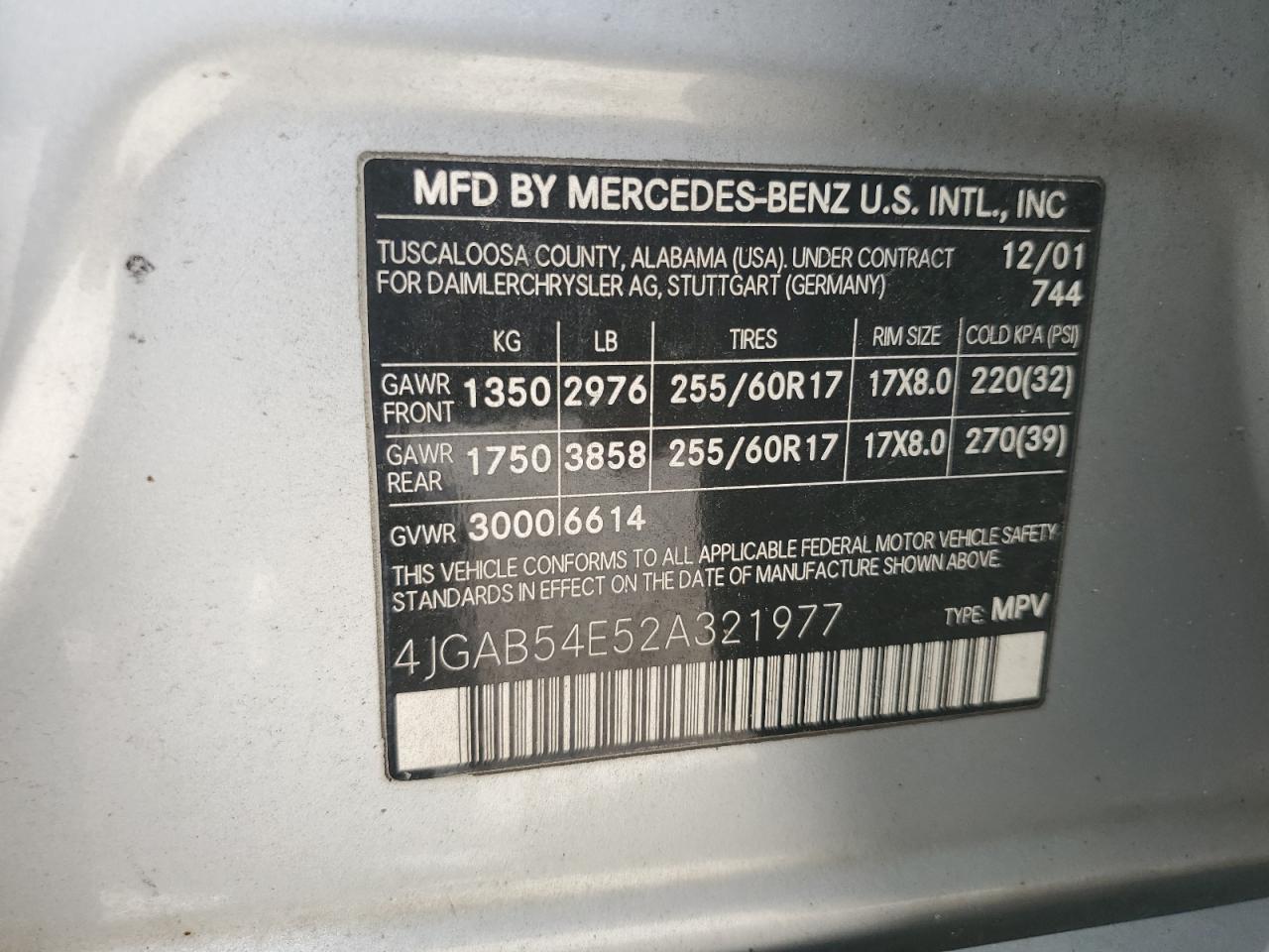 2002 Mercedes-Benz Ml 320 VIN: 4JGAB54E52A321977 Lot: 84546455