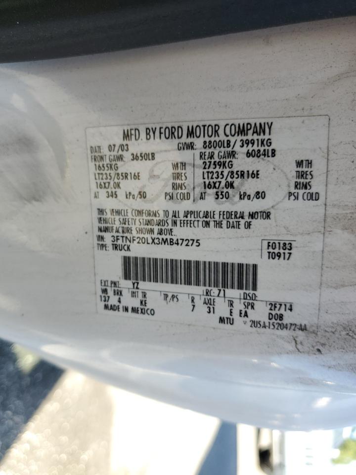 2003 Ford F250 Super Duty VIN: 3FTNF20LX3MB47275 Lot: 90032265