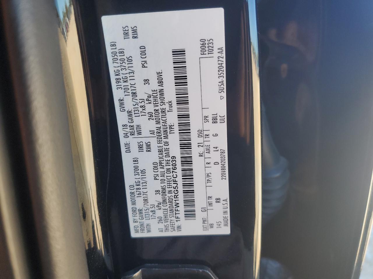 2018 Ford F150 Raptor VIN: 1FTFW1RG5JFC76039 Lot: 82474055