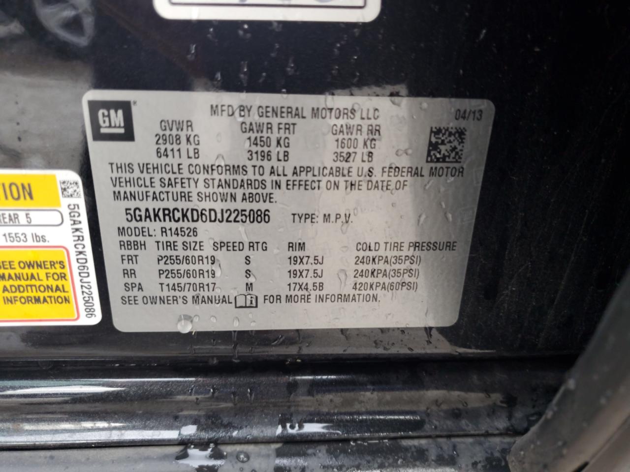 2013 Buick Enclave VIN: 5GAKRCKD6DJ225086 Lot: 84898855